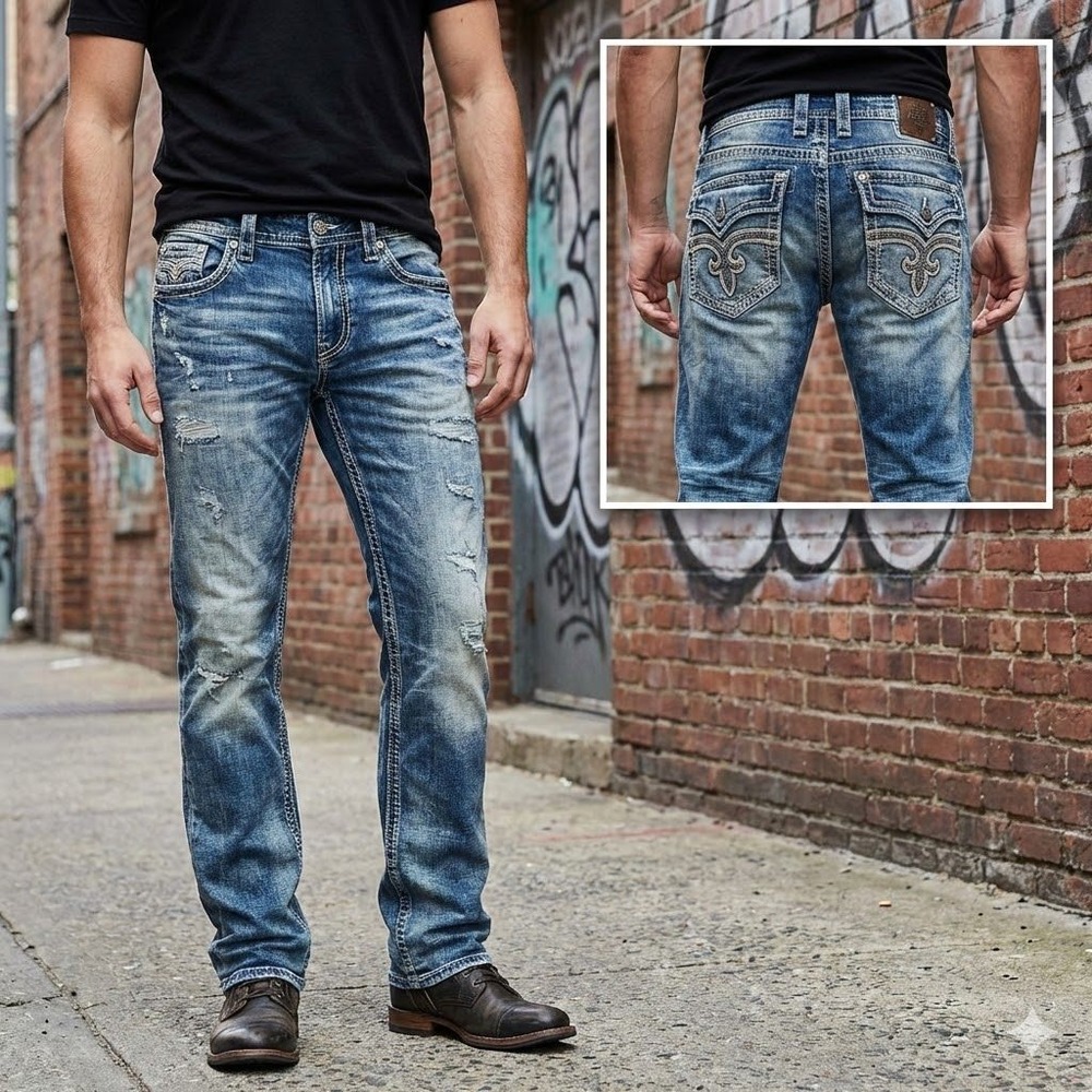 Men's Distressed Blue Denim Jeans - Classic Slim Fit